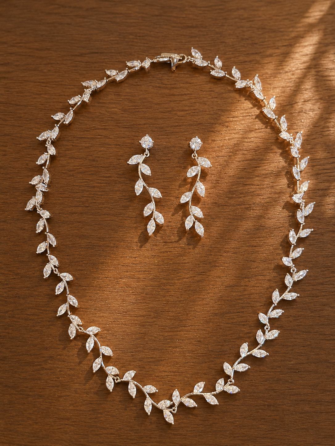 Silver Leaf CZ Necklace & Earrings Set Bridal Wedding Party