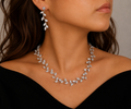 Silver Leaf CZ Necklace & Earrings Set Bridal Wedding Party
