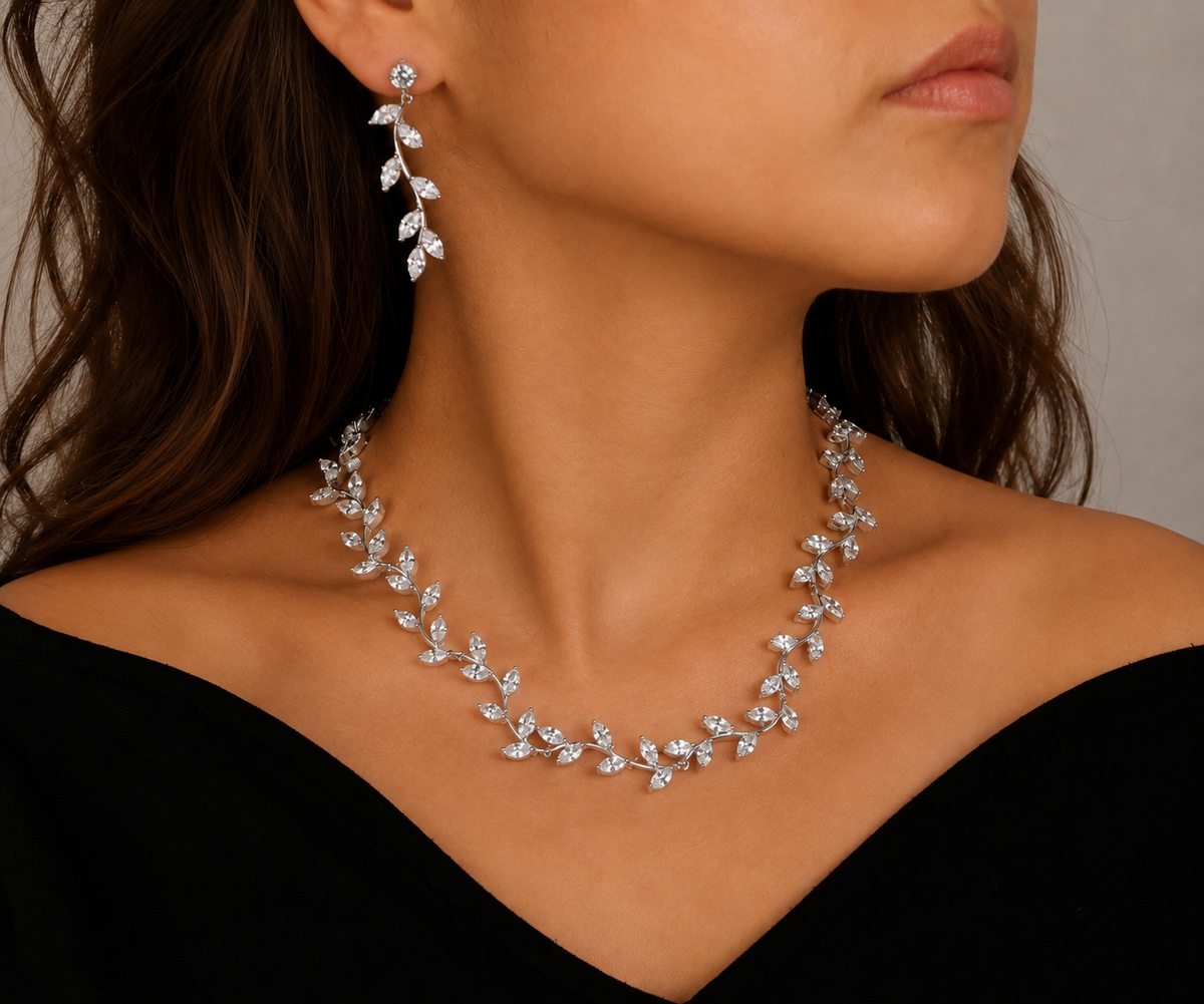 Silver Leaf CZ Necklace & Earrings Set Bridal Wedding Party