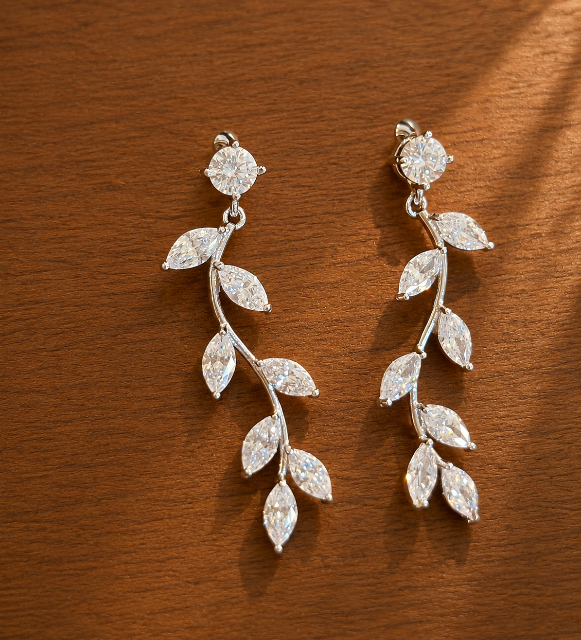 Silver Leaf CZ Necklace & Earrings Set Bridal Wedding Party